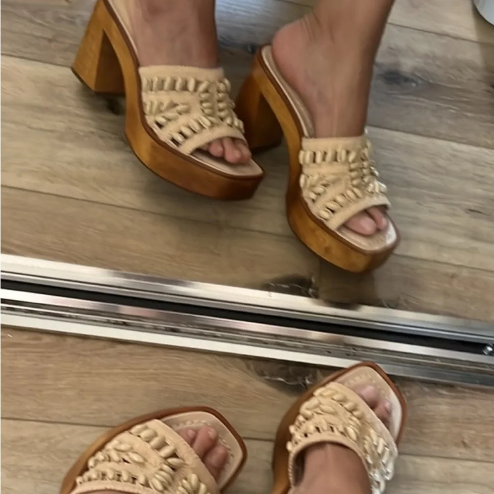 Bernardo Cream Beaded Crochet Platform Sandals
